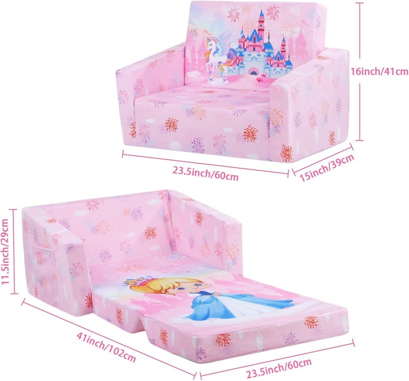 Decalsweet Foldable Kids Sofas Couch 2 in 1 Children Convertible Sofa to Lounger Flip Open Toddlers Sofa Bed - Image 3